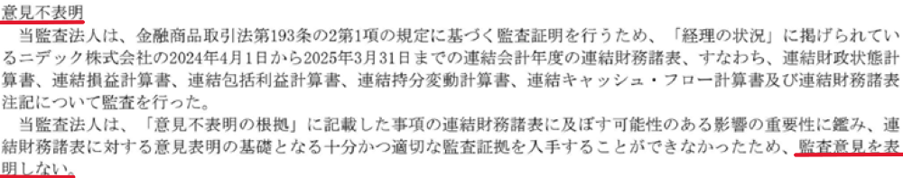 意見不表明の監査報告書の例
